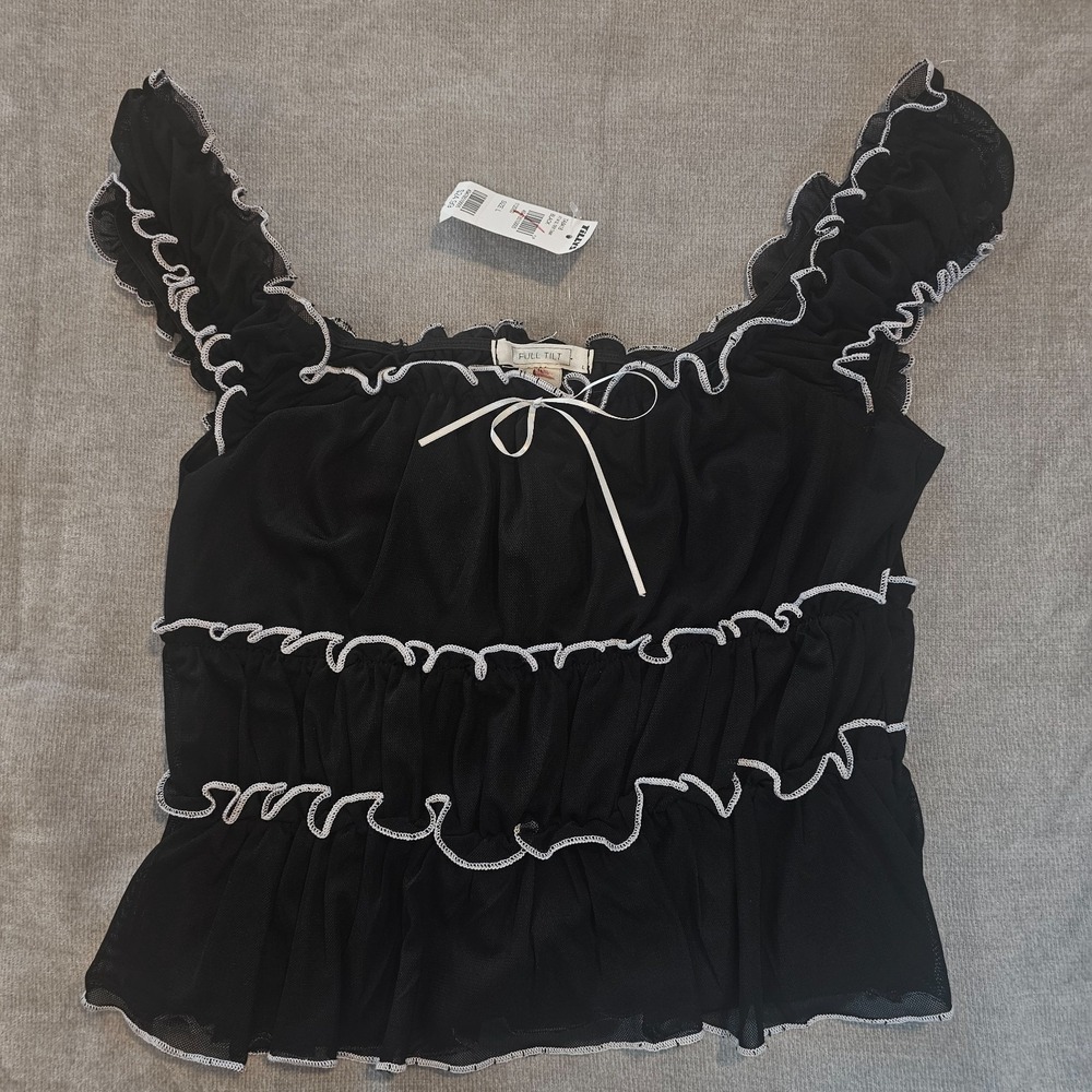 Full Tilt Tank Top Women's Large Black Net Tier Tank Babydoll Y2K